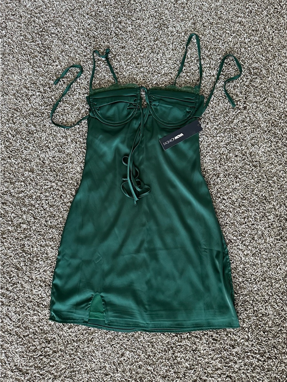 Fashion Nova Deep Green Satin Lace-Up Slip Dress